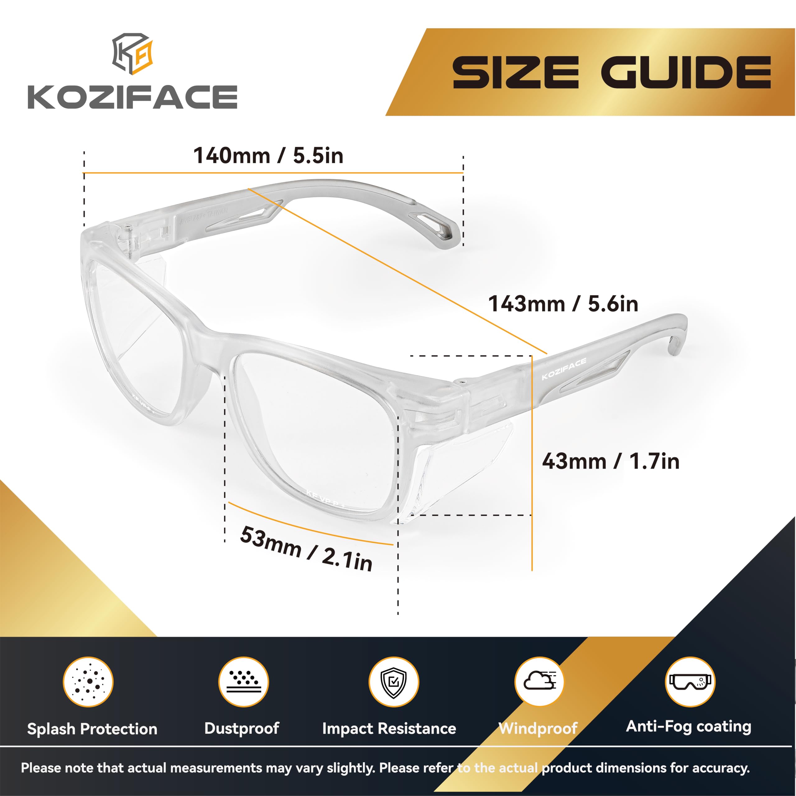 Koziface E52C Lunettes de sécurité pour homme et femme – Lunettes de protection élégantes anti-buée avec protections latérales – Verres transparents antidérapants – Certifié ANSI Z87.1 – Pour