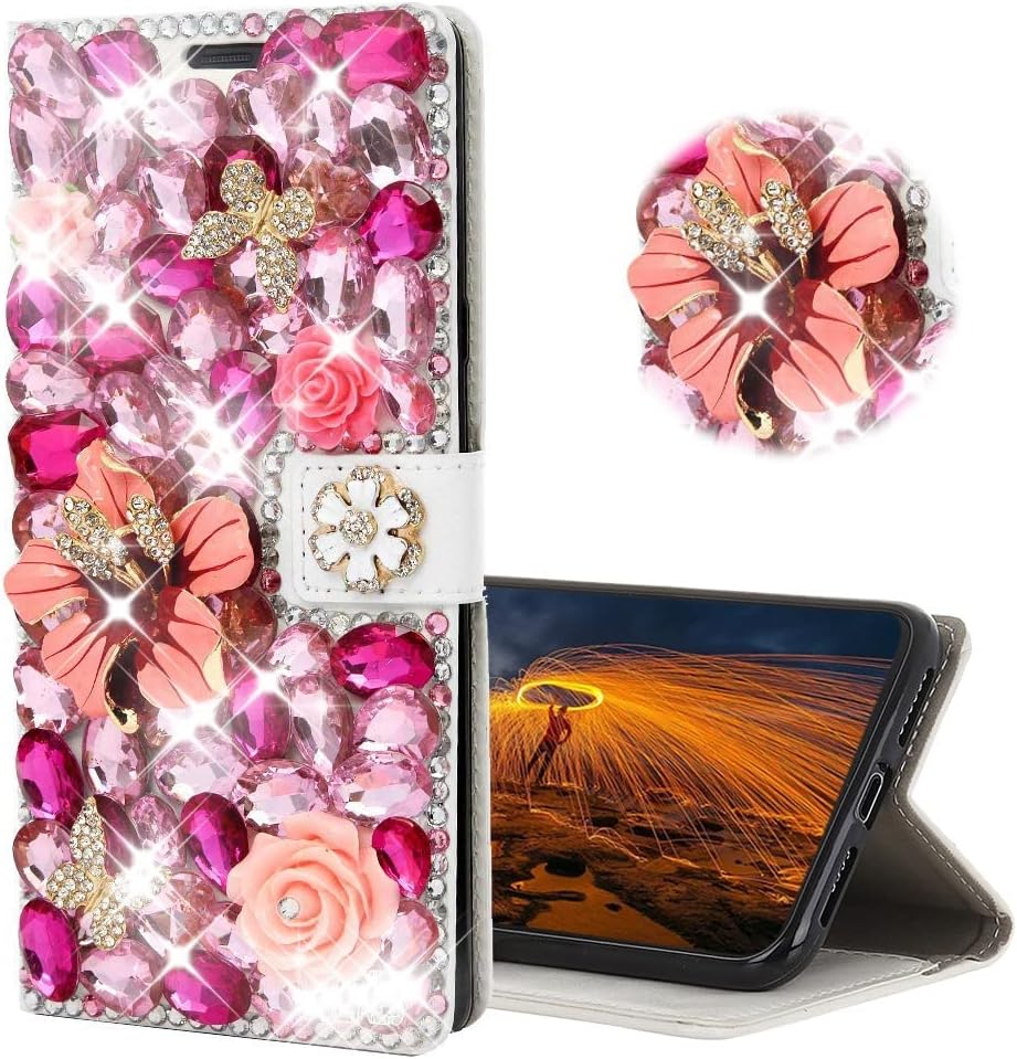 Glitter Wallet Case Compatible with Samsung Galaxy Note 20 5G - 3D Luxury Girls Women Shiny Bling Handcrafted Leather Protective Cover with Screen Protector (2 Pack) - Hot Pink Tulip Flower