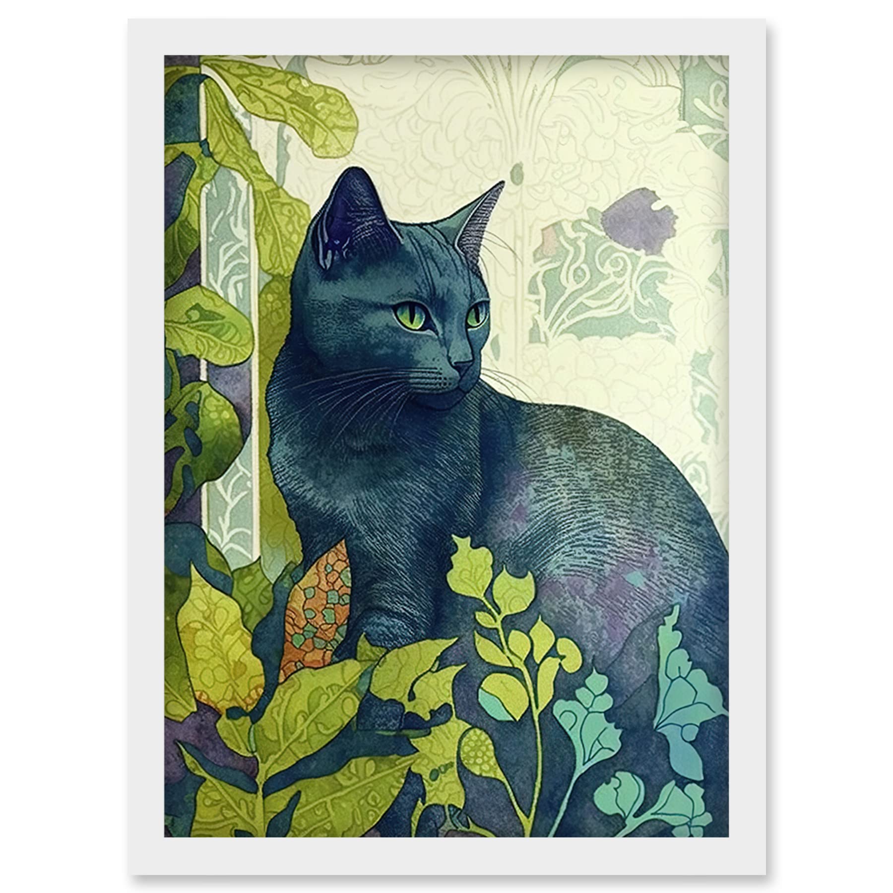 Artery8 Russian Blue Cat with Bright Ornate Plants Modern Art Nouveau Illustration Artwork Framed Wall Art Print A4