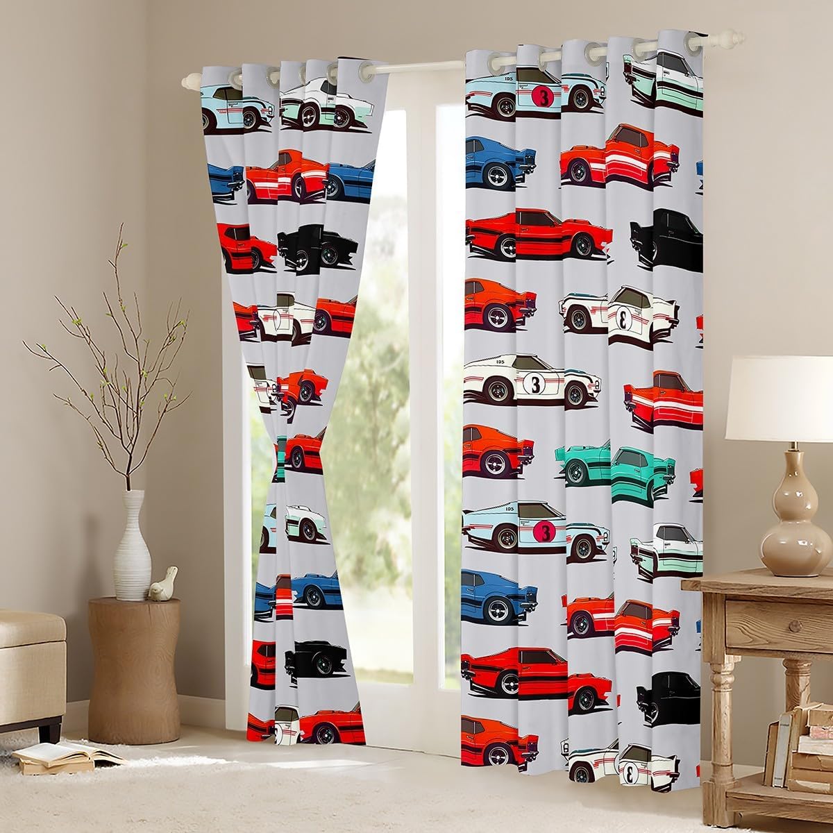 Feelyou Racing Car Blackout Curtains(30-50%) Kids Race Sports Car Darkening Curtains Extreme Sports Theme Decor Curtains for Bedroom Car Sports Competition Window Drapes (2 Panels， 42 x 63 Inch) Gray