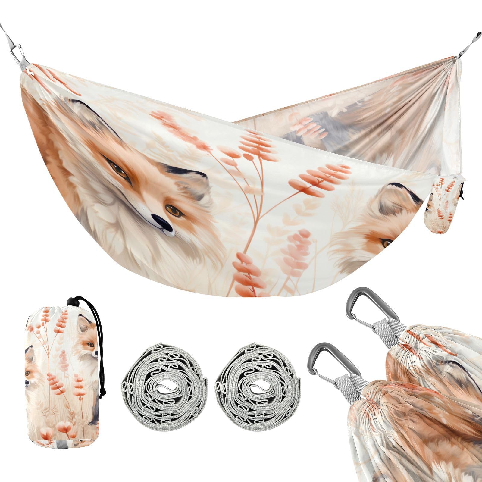 Kigai Cute Fox Camping Hammock Durable & Portable Travel Hammock Holds 330lbs with Tree Strapsm, Pocket, Camping Accessories