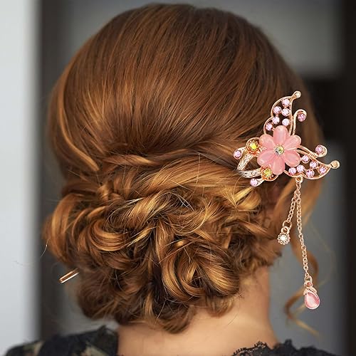 Miniatura 5 de Paquete de 6 palillos de flores con diamantes de imitación, horquillas para cabello largo, horquillas para cabello largo, horquillas para el cabello