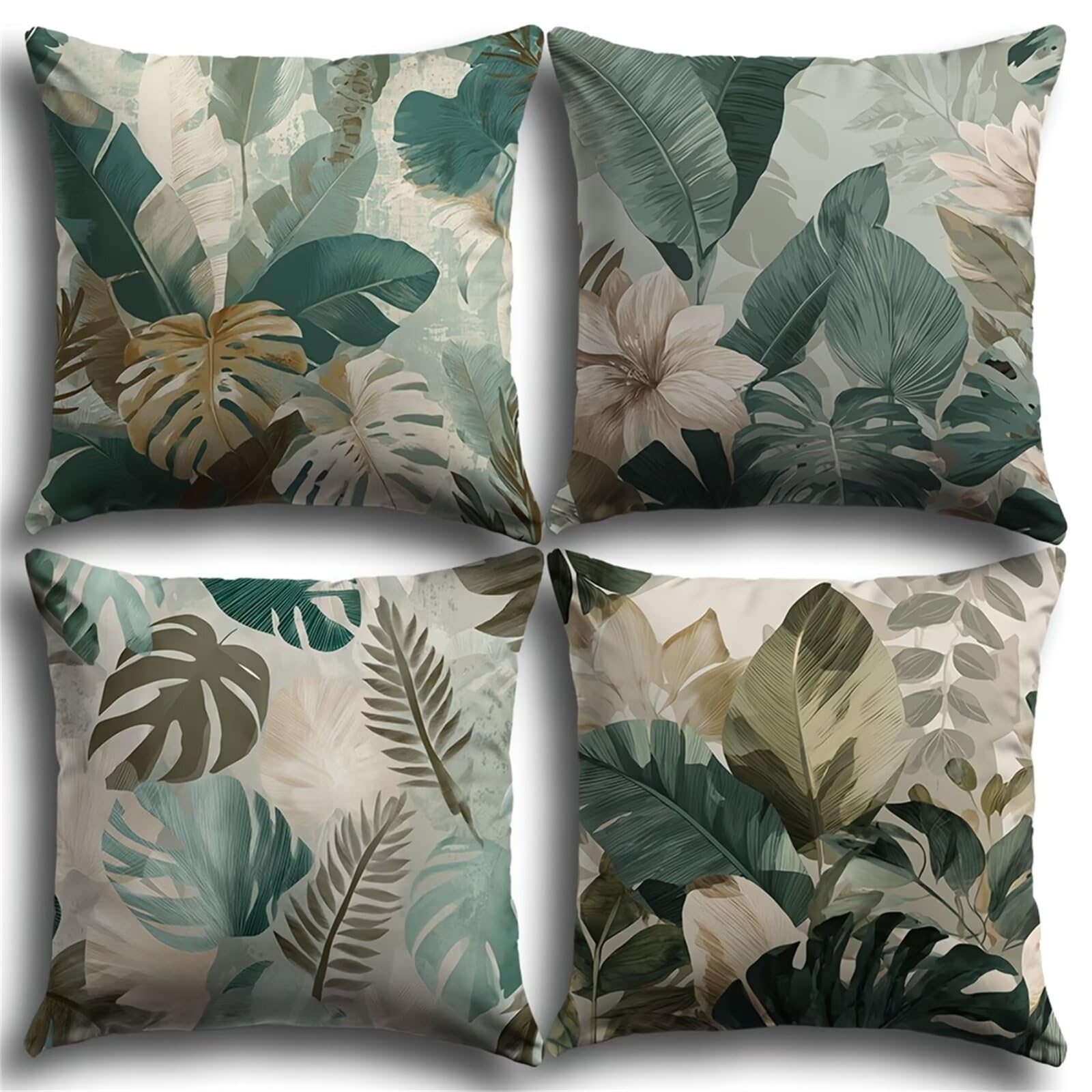 QiHon Cushion Covers 60x60 cm Set of 4 Green Tropical Leaves Linen Square Pillow Cases 24x24 inch Modern Decorative Throw Pillow Covers for Sofa Couch Bedroom Home Office with Invisible Zipper