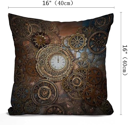 Miniatura 2 de Funda de almohada Steampunk, Steampunk oxidado con reloj y diferentes engranajes, máquina de metal, funda de almohada decorativa de bronce dorado,