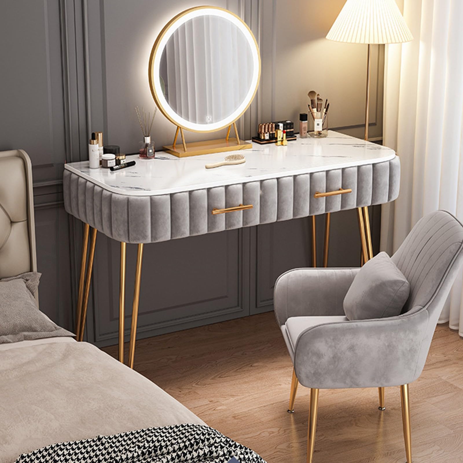 Nowoczesny stolik kosmetyczny z oświetleniem LED, 2 przestronne szuflady, stylowy design do sypialni i łazienki, wymiary: 100 x 40 x 75 cm, idealny na niezbędne akcesoria kosmetyczne.