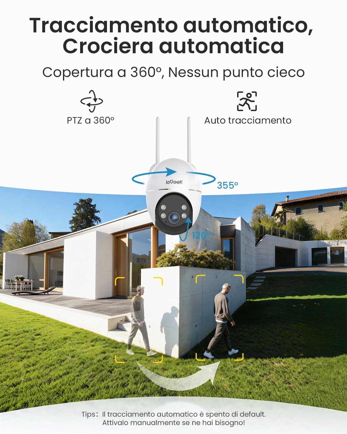 ieGeek AOV Telecamera Pannello Solare 5W con Registrazione 24/7 & Tracciamento Automatico, 2K 360° PTZ Videocamera Wi-Fi Esterno a Batteria 9000mAh, Visione Notturna a 30m, Rilevamento AI, IP65, S7