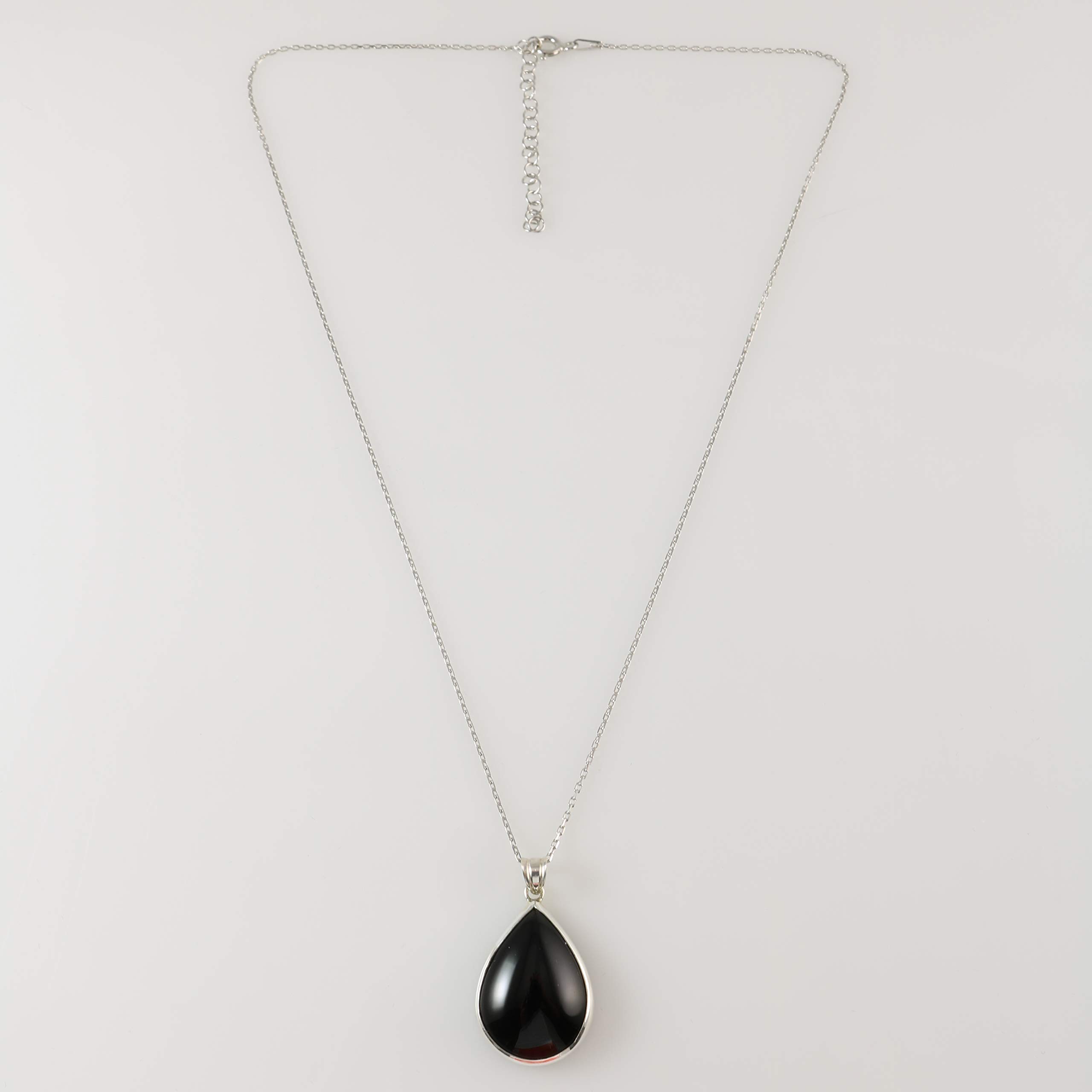 Collar Colgante Plata Esterlina 925 Hecho a Mano 5x20mm Ónix Negro en Forma de Lágrima 40+5cm Cadena