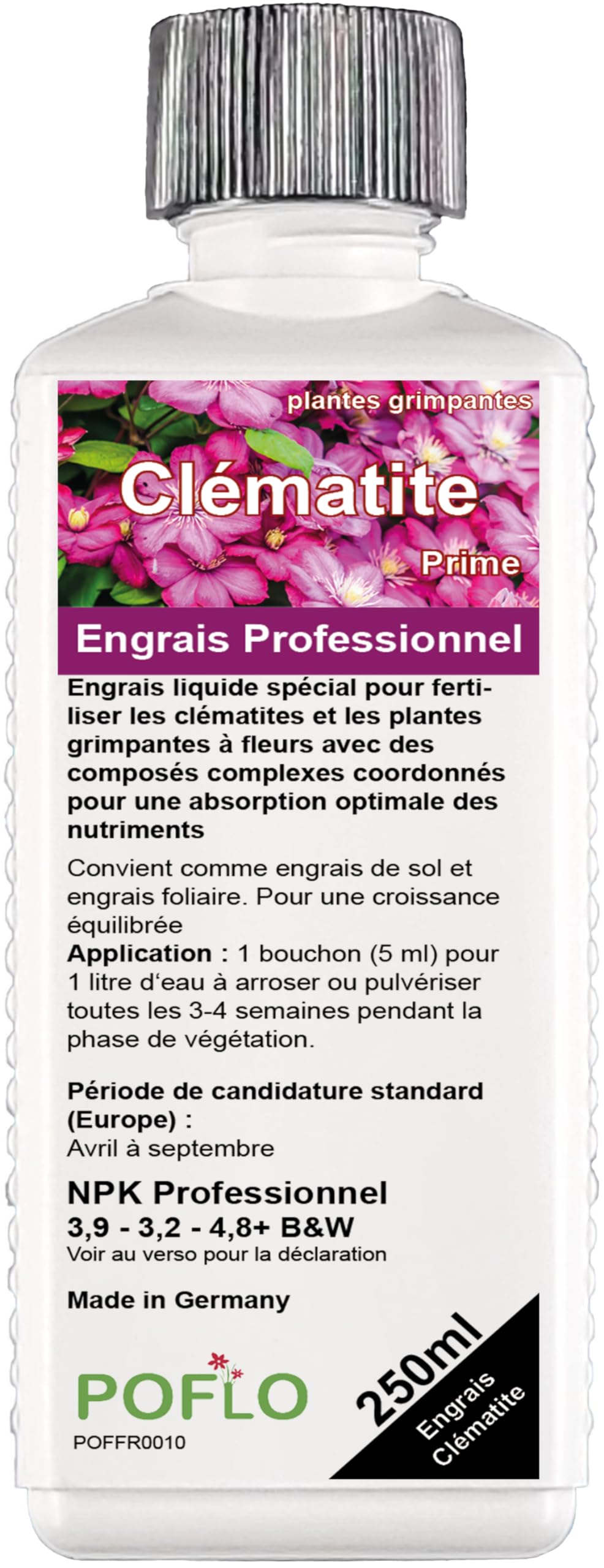 Engrais pour clématites et plantes grimpantes à fleurs. Engrais complet liquide NPK de haute qualité issu de l'horticulture. (250 ml)