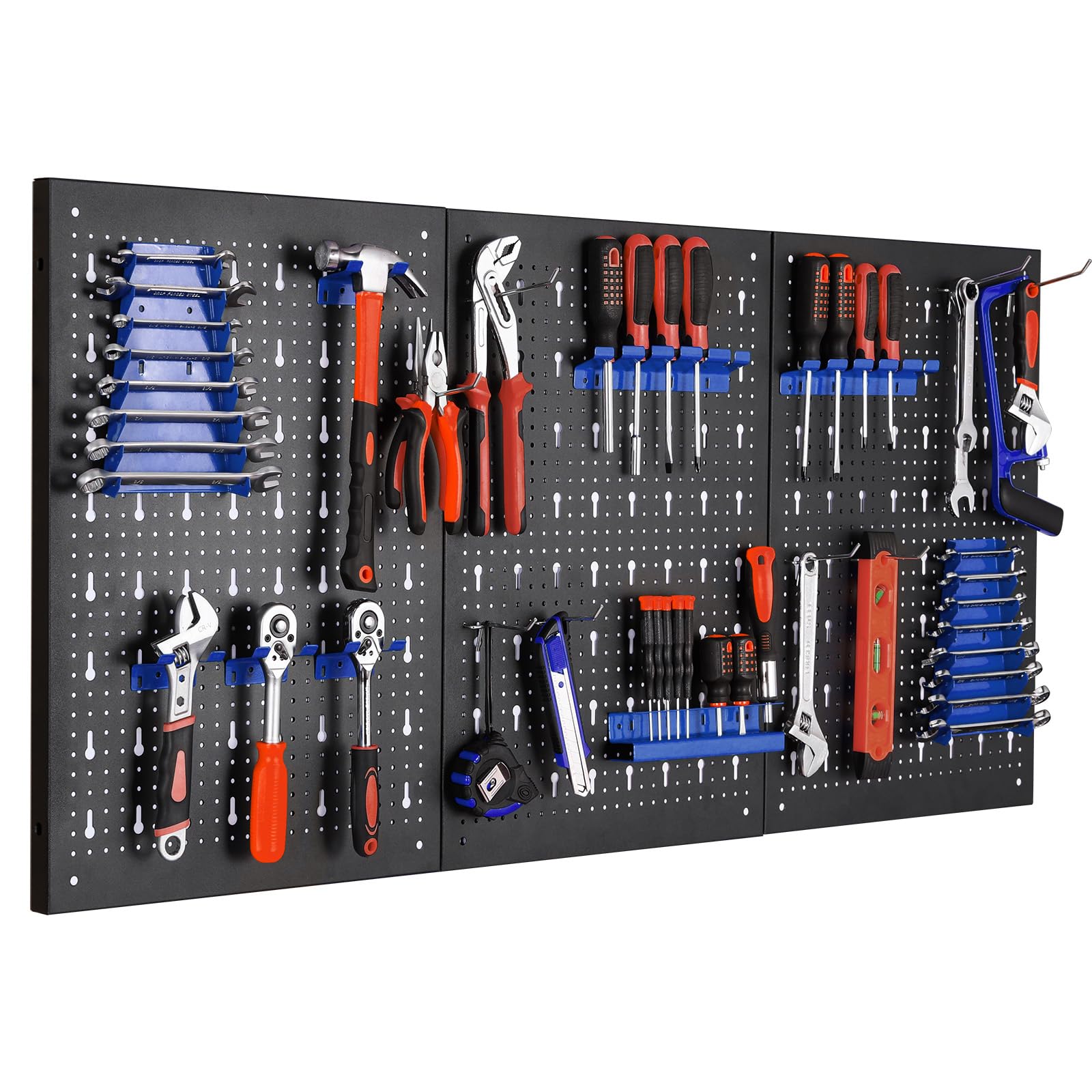 Werkzeugwand, 3-teilige Lochwand Werkstatt, Erweiterbare Werkzeuglochwand mit 17 Haken und Halterungen, 118 x 59.5 x 2 cm, Werkzeugwand aus Metall für Werkstatteinrichtung, Werkbank, Garage (Blau)