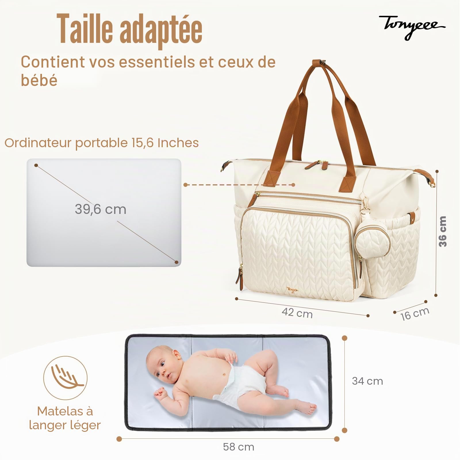 Grand sac à langer imperméable pour accouchement avec étui à tétine, matelas à langer, bandoulière - Beige