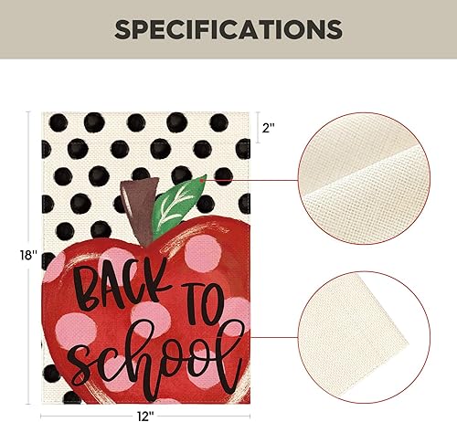 Miniatura 5 de AVOIN colorlife Bandera de jardín para el regreso a clases, de 12 x 18 pulgadas, de doble cara, diseño de manzana, con lunares, para el primer día