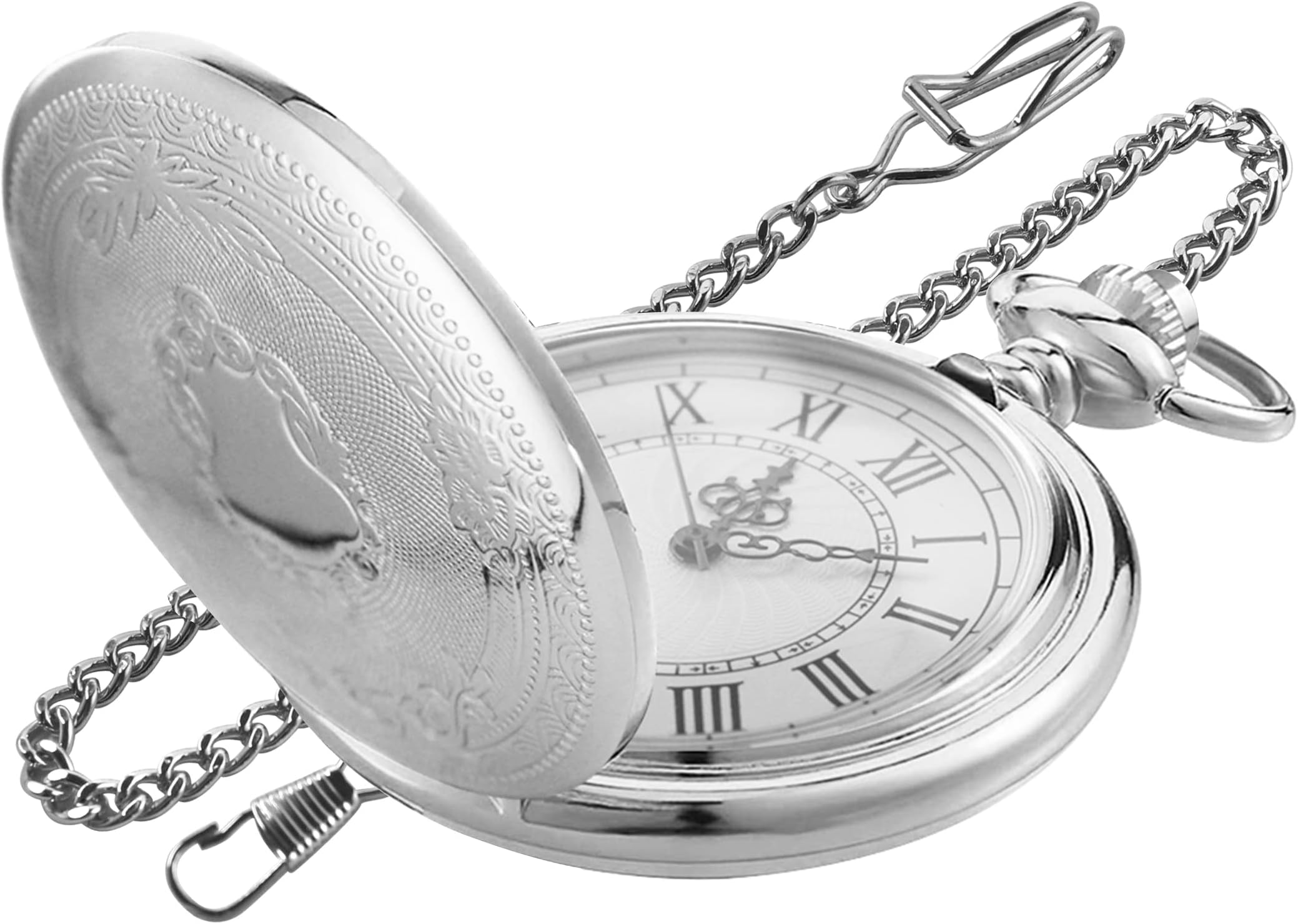 Carved Flower Quartz Pocket Watch with Quartz Movement, Pocket Watch with Chain Clip for Men