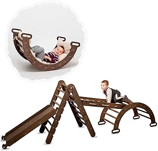 GOODEVAS 4 in 1 Montessori Indoor Climbing Set for Toddlers - Wooden Pikler Triangle, Arch & Climbing Ramp & Net Indoor Play Gym for Kids - Baby Climbing Frame for Toddlers Age 1-3