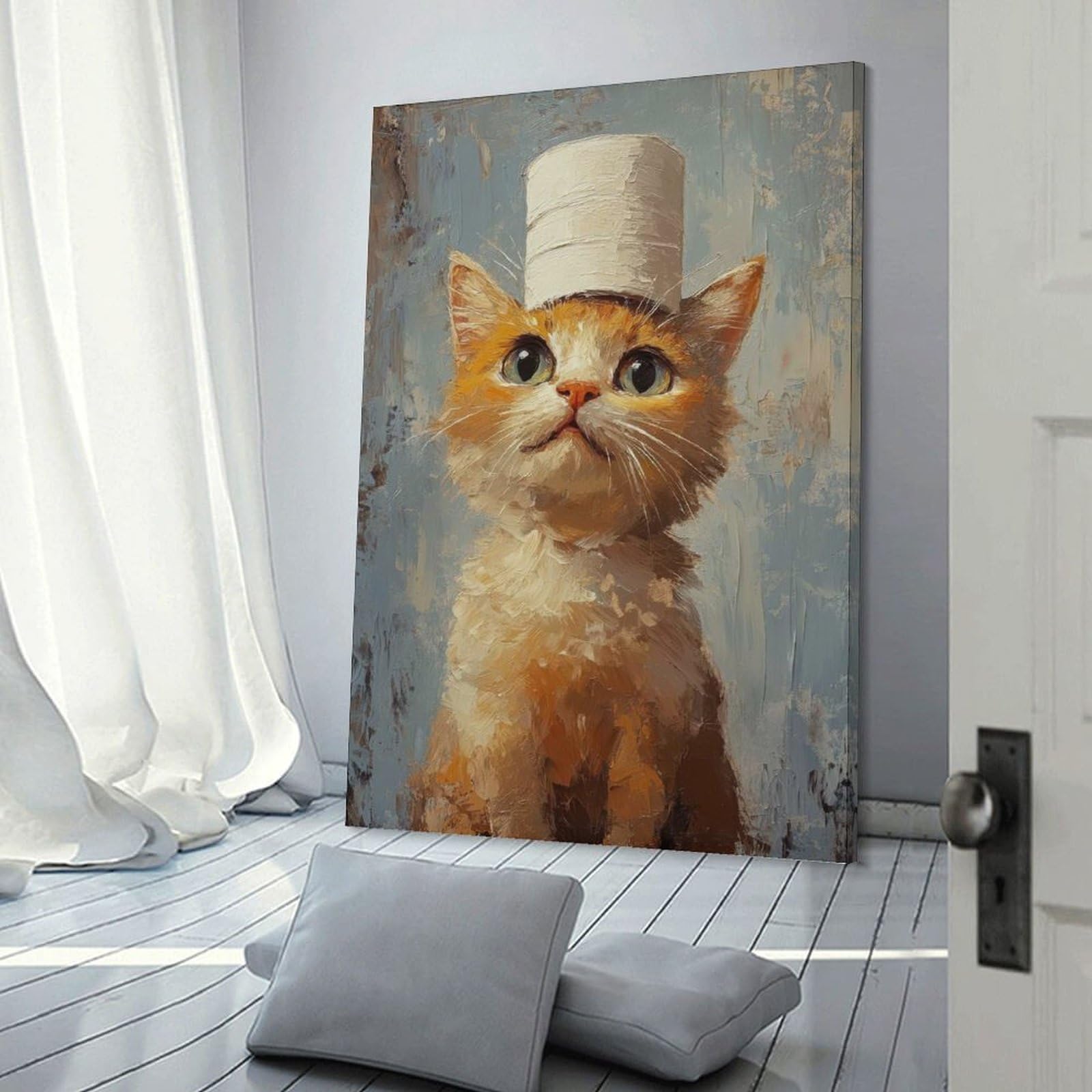 Junmoney Frame-Style Cat In A Toilet Paper Hat Canvas Art Print 12X18inch(30X45cm), For Gallery Wall Layouts In Home Or Office, Decorative Artwork With Flexible Styling