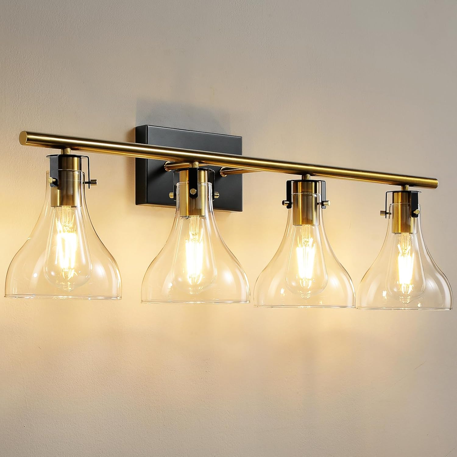 KUCICO Bathroom Vanity Light Fixtures: 4-Light Black Bathroom Light Fixture with Glass Shade - Vanity Lights for Mirror Bath Farmhouse Black and Glod 4 Lights