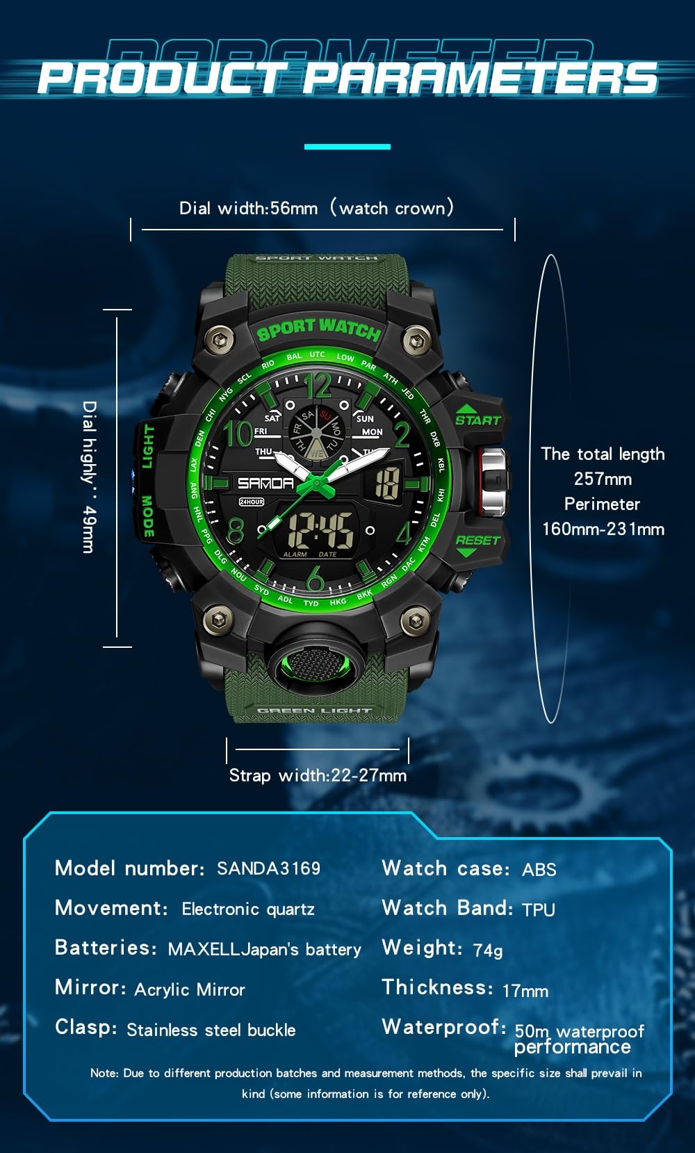 AIMES - Orologio tattico da uomo, sportivo, impermeabile, militare, analogico, digitale, con data, sveglia, cronometro, tattica, multifunzione, quadrante grande