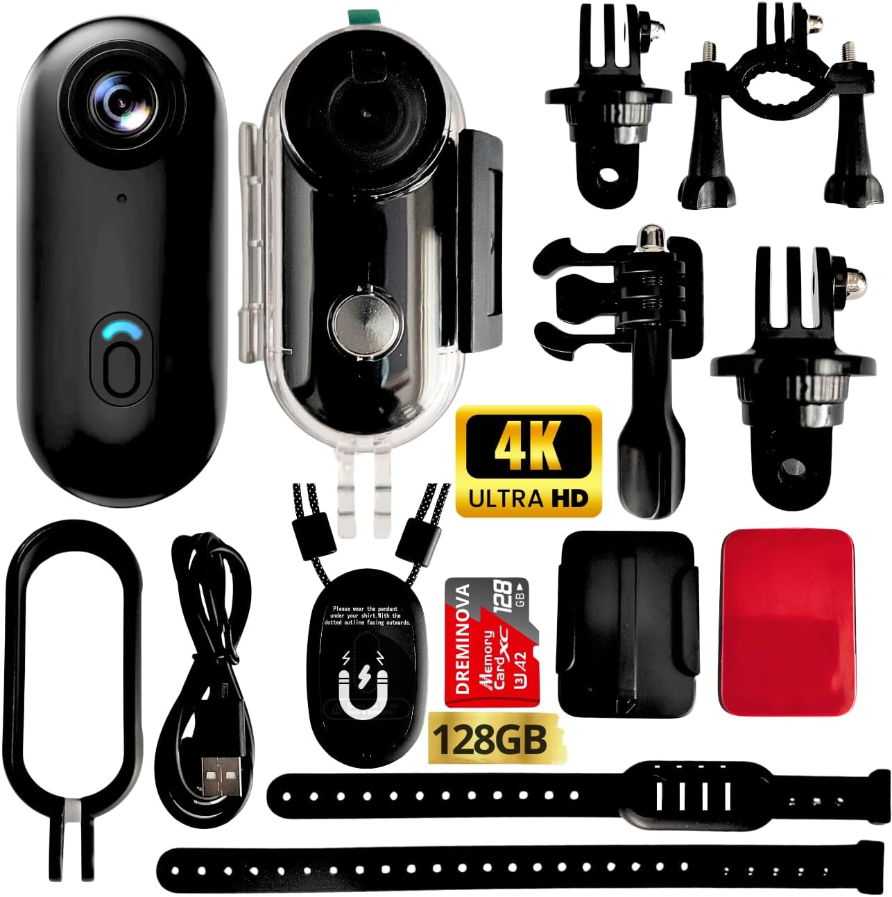 128GB 4K Mini Action Camera Thumb POV Neck Portable Body Cam Wearable Vlogging Video Recorder with IPX7 Waterproof Underwater Camcorder, Helmet Mount, Magnetic Sport for Bike Cycling