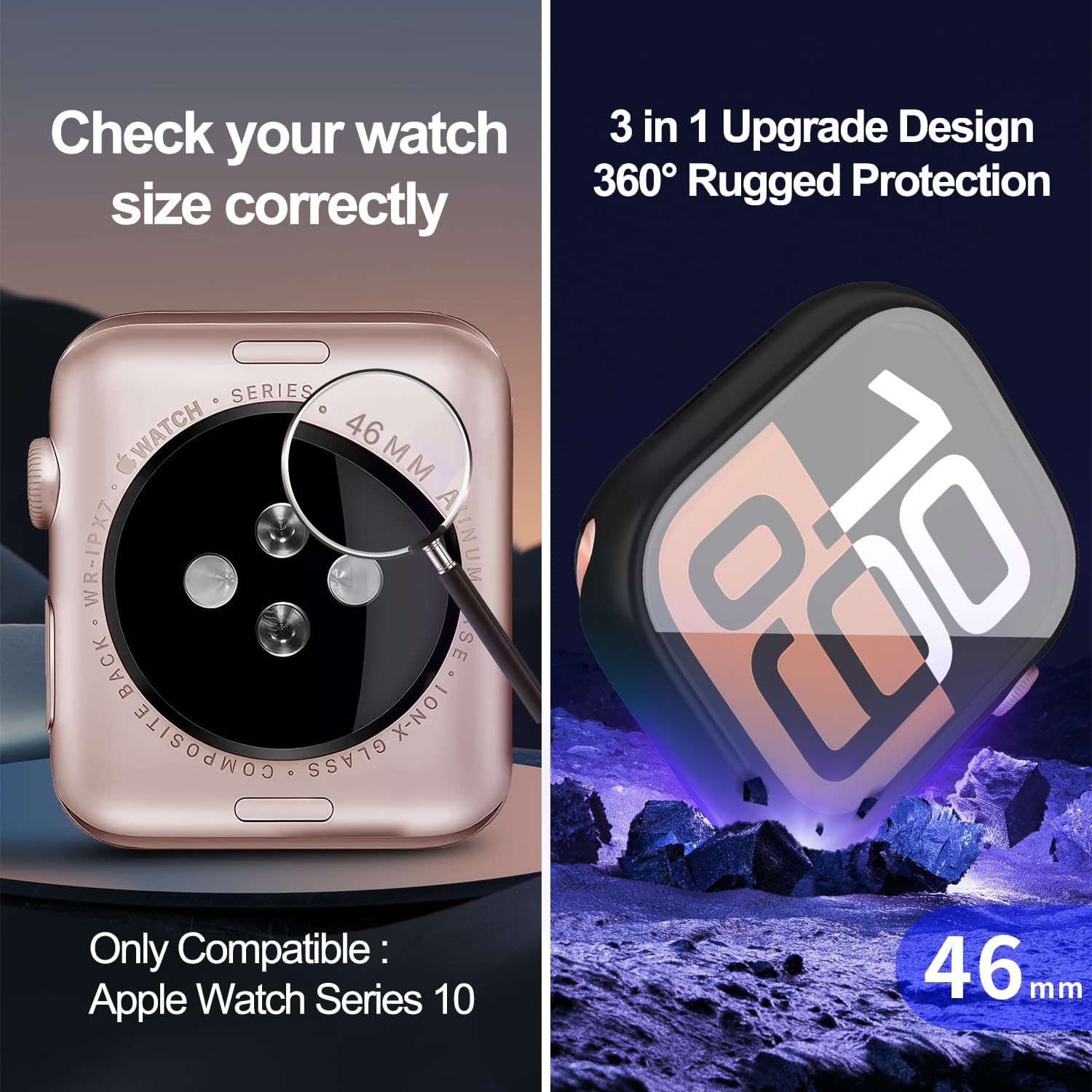 3 in 1 Waterproof Case for Apple Watch Screen Protector 46mm Series 10/Series 11,with Tempered Glass,[360° Protective Front and Back] PC Bumper Face Cover Compatible iWatch Accessories - Image 2