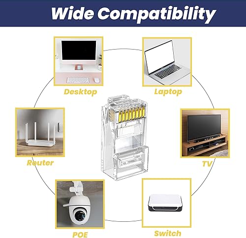 Vista 4 de PETECHTOOL Conectores RJ45 Cat6 pasan a través de conectores Ethernet Cat6 Cat5, paquete de 100 unidades con pelacables para cable Ethernet UTP