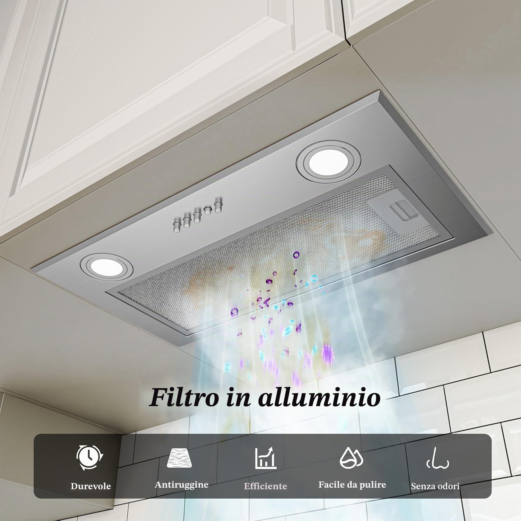 FIREGAS Cappa Aspirante a Incasso 52cm, Aspiratore Silenzioso con Motore ad Alta Efficienza, Classe Energetica A, 590m³/h, 3 Velocità, Illuminazione LED, Filtro a Carboni Attivi