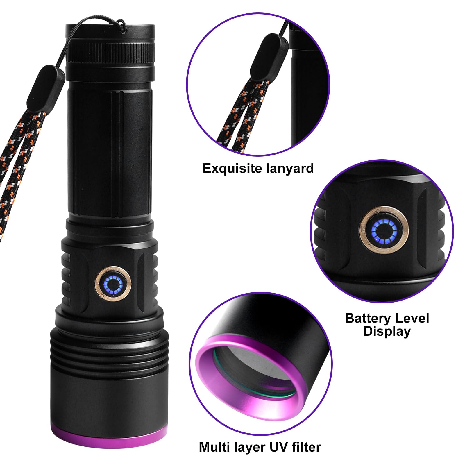 SUNOYA UV Taschenlampe 365nm 20W – Schwarzlicht Taschenlampe USB Wiederaufladbar, UV Lampe für Bernstein, Haustierurin, Epoxidharz, Mineralien, Fleckenerkennung