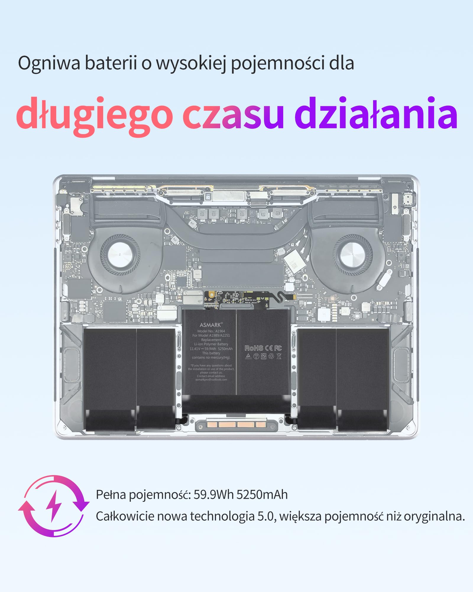 ASMARK Bateria do MacBooka Pro 13 cali A1989 (2018-2019), A2251 (2020) Bateria do laptopa