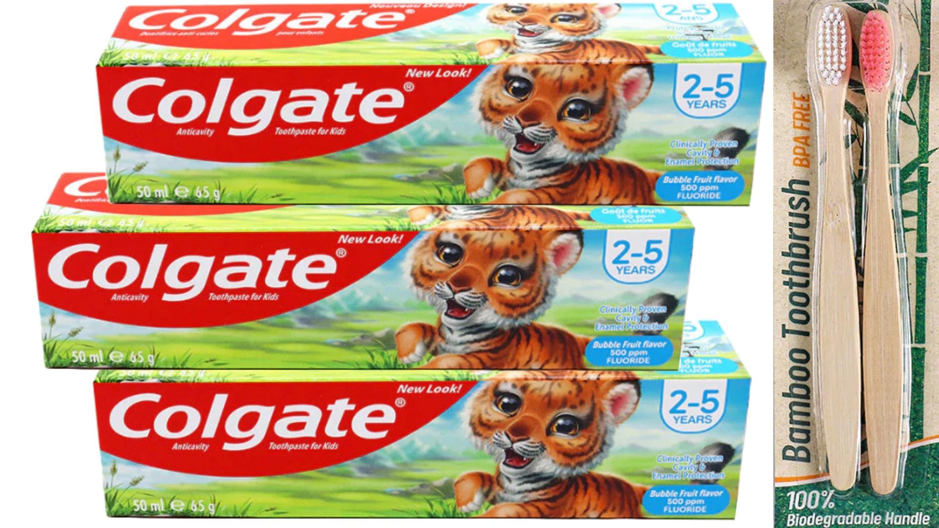 Kids Toothpaste Bubble Fruit 2-5 Years, 50ml Safe and Gentle Kids Toothpaste Bundled with Bamboo Toothbrush for a Healthy Smile. 3X Colgate Kids Toothpaste 2 X bamboo Toothbrushes by VAgooddeals