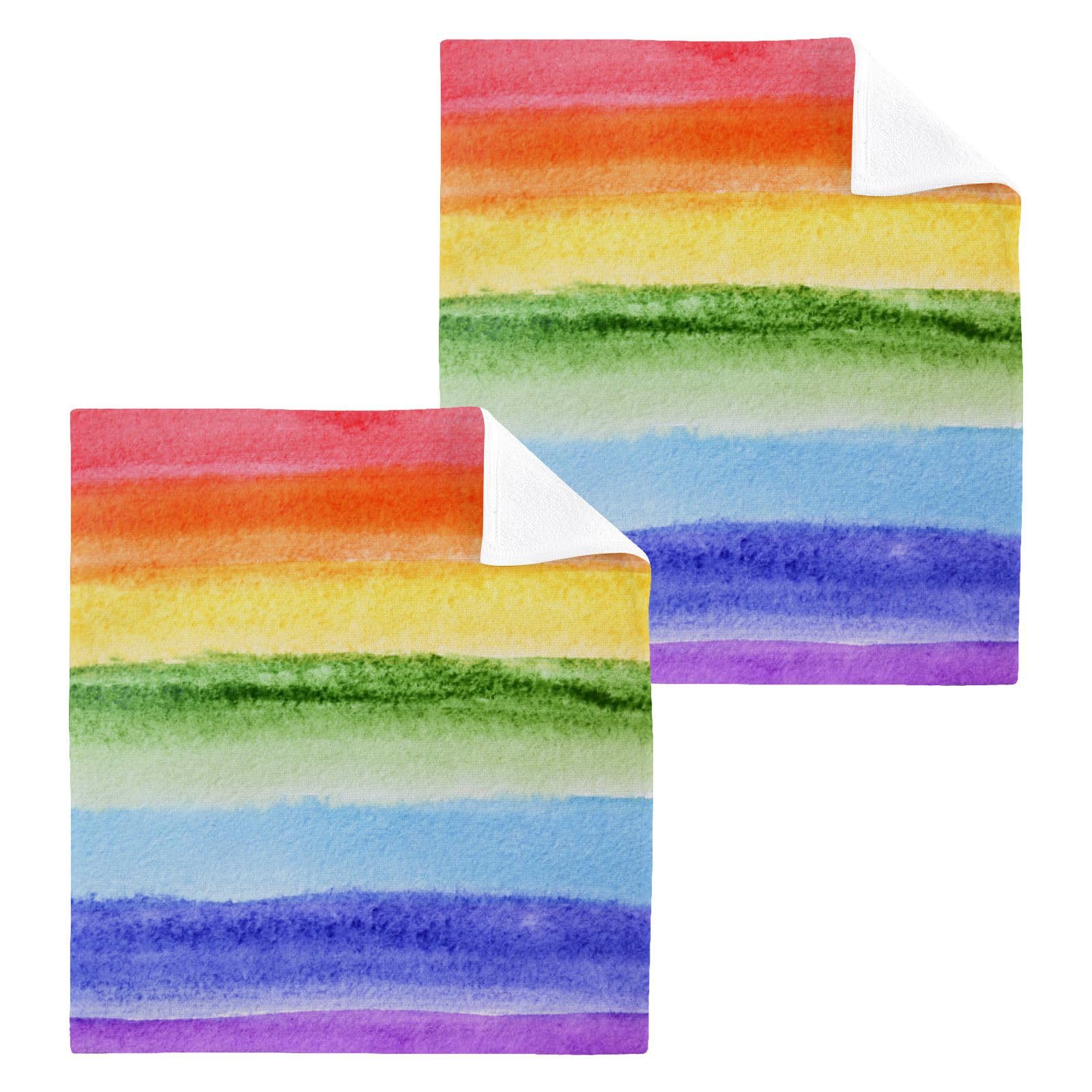 ALAZA Watercolor Rainbow Stripe Towels Cotton Washcloths Set,Soft Absorbent Quick Dry Face Cloths,Multi-Purpose Fingertip Towels for Bathroom,Hotel,Travel,12'' x 12'' (2 Pack)