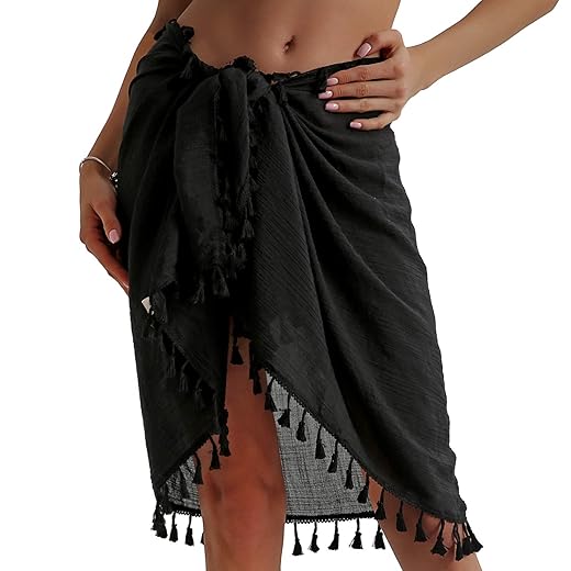 Eicolorte Cover Up Beach Sarong Pareo for Women Hawaiian Swim Bathing Suit Short Wrap Skirt (Black-Short)