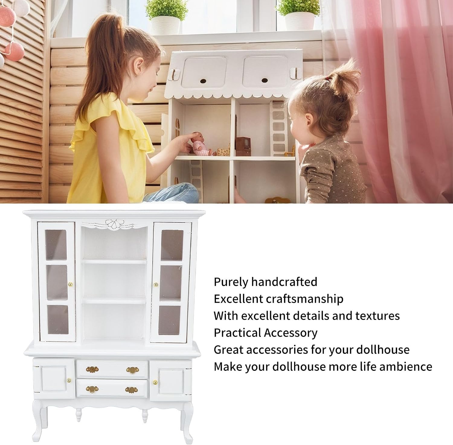 Miniature Dollhouse Cabinet, Handcrafted Wooden Bookshelf Display Shelf with Functional Doors & Drawers for 1:12 Scale Dollhouse Living Room Decoration (White)