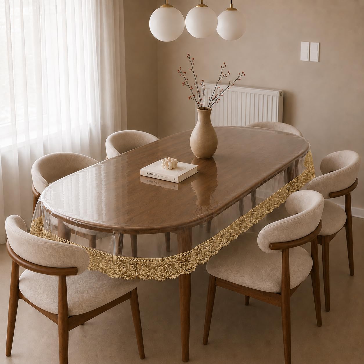 Premium High Thickness Transparent 6 Seater Oval Dining Table Cover | Table Protector Sheet | Waterproof and Dustproof | Transparent Table Cloth | Golden Lace | 60x90 Inch Oval-image-21