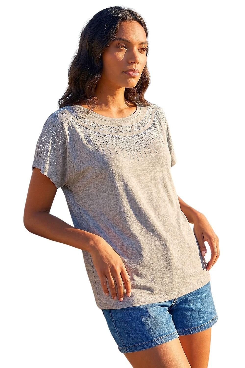 Roman Originals Women's Plain Grey T-Shirt For Uk - Tee Shirt Summer Top Holiday Day Causal Short Sleeve Blouses Round Crew Boat Neck Lightweight - Size 20
