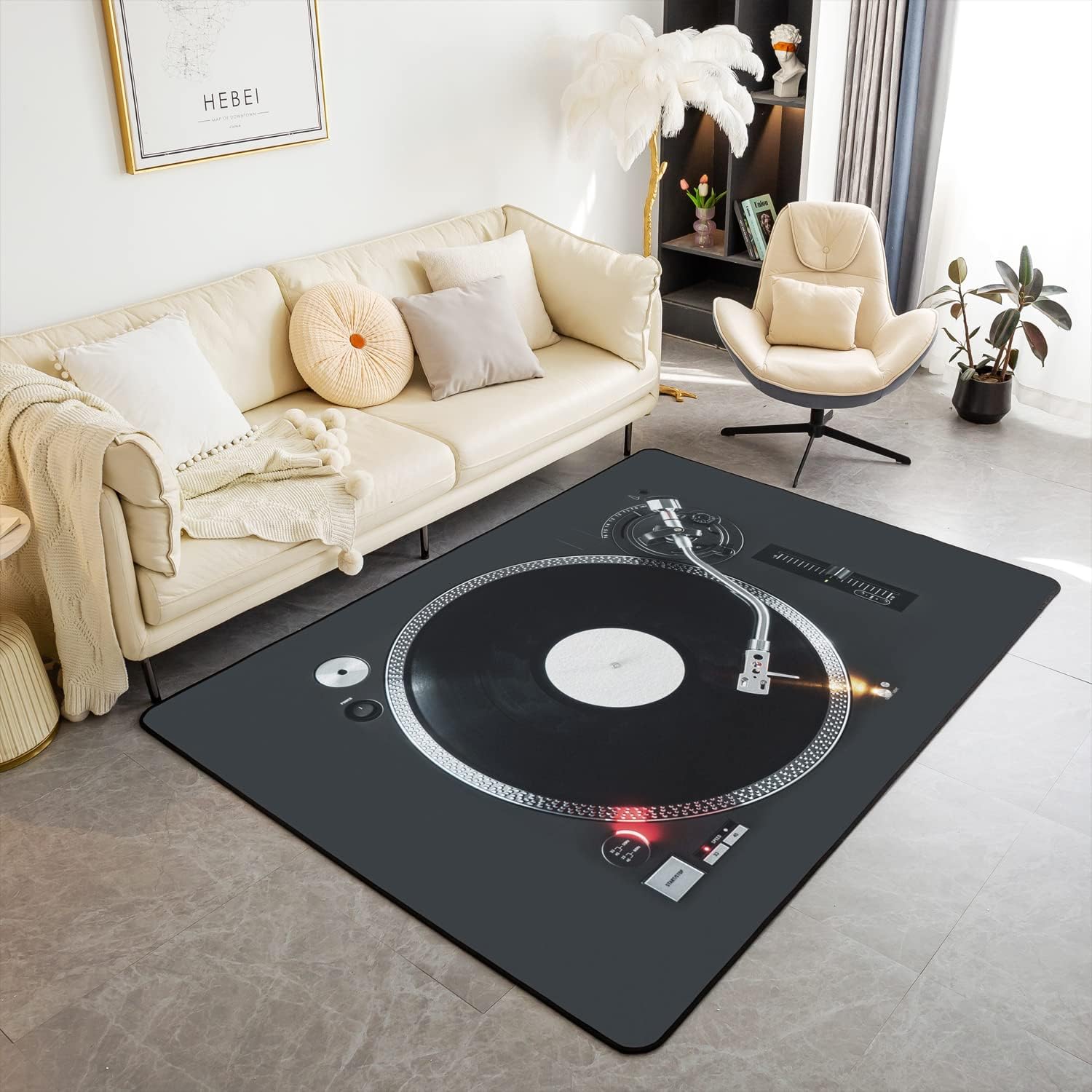 Vintage Record Decorative Carpet, Phonograph Musical Theme Living Room Rugs for Music Instruments Popstar Party Indoor Floor Mat Black Decor Area Rug 4’x5′