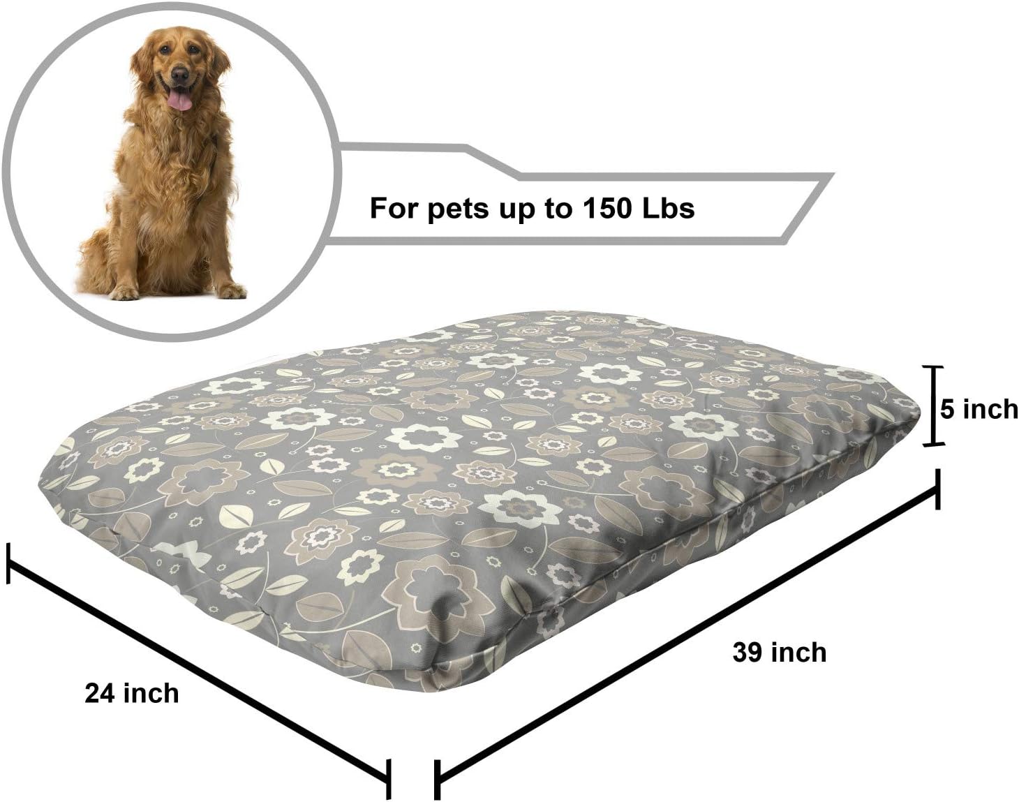 review Lunarable Ivory and Grey Pet Bed, Abstract Garden in Summer Season Theme Old Fashioned Blooming Meadow, Chew Resistant Pad for Dogs and Cats Cushion with Removable Cover, 24