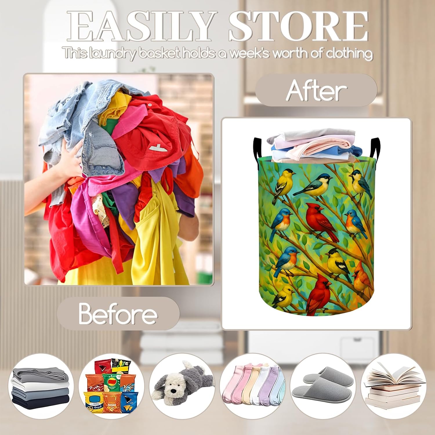 Bird Laundry Basket, Bright Rustic Songbird Waterproof Fabric Hamper with Handles, Spring Branch Decorative Design for Apartment Closet, 19.7x15.7 Inch Foldable Clothes Organizer Gifts