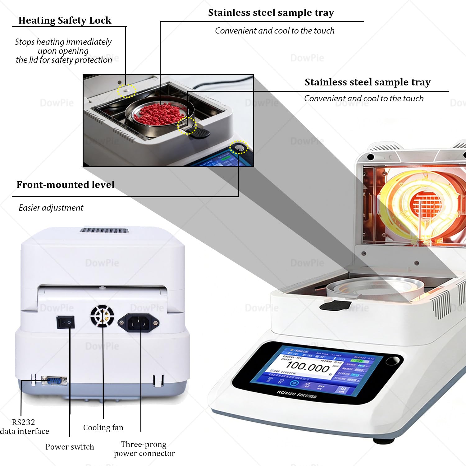 Medidor de humedad digital, analizador de calefacción halógeno, precisión de 0,001 g, probador de temperatura ajustable para té y polvos químicos, portátil 110 V-120 V
