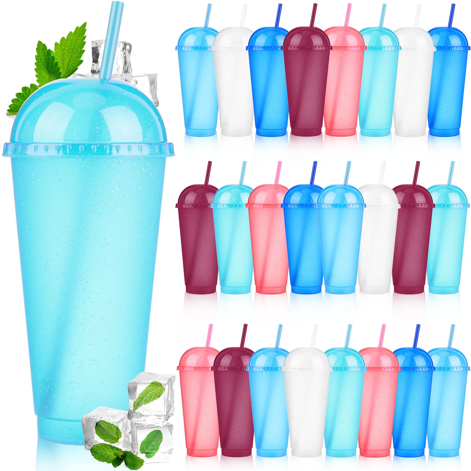 Hsei 24 Pcs 24 oz Glitter Reusable Tumbler with Straw and Dome Lid Bulk Plastic Colorful Cups Iced Coffee Cup Water Bottle Travel Mug Cold Drink Cups for Adult Kid Parties Birthdays Wedding