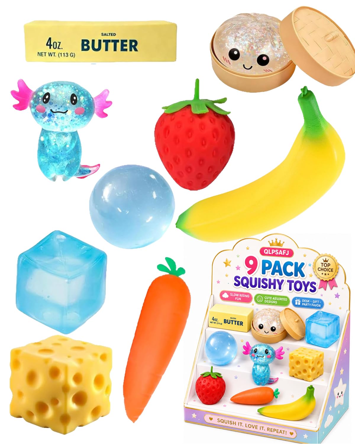 Photo 1 of ***missing 8***9 Pack Squishy Squeeze Toys Set Slow Rising Squishies Classic Slow-Rise Packs of Strawberry Dumpling Banana Butter Cheese Coconut Oil Different Designs Sugar Stretchy Desk Office Daily Use