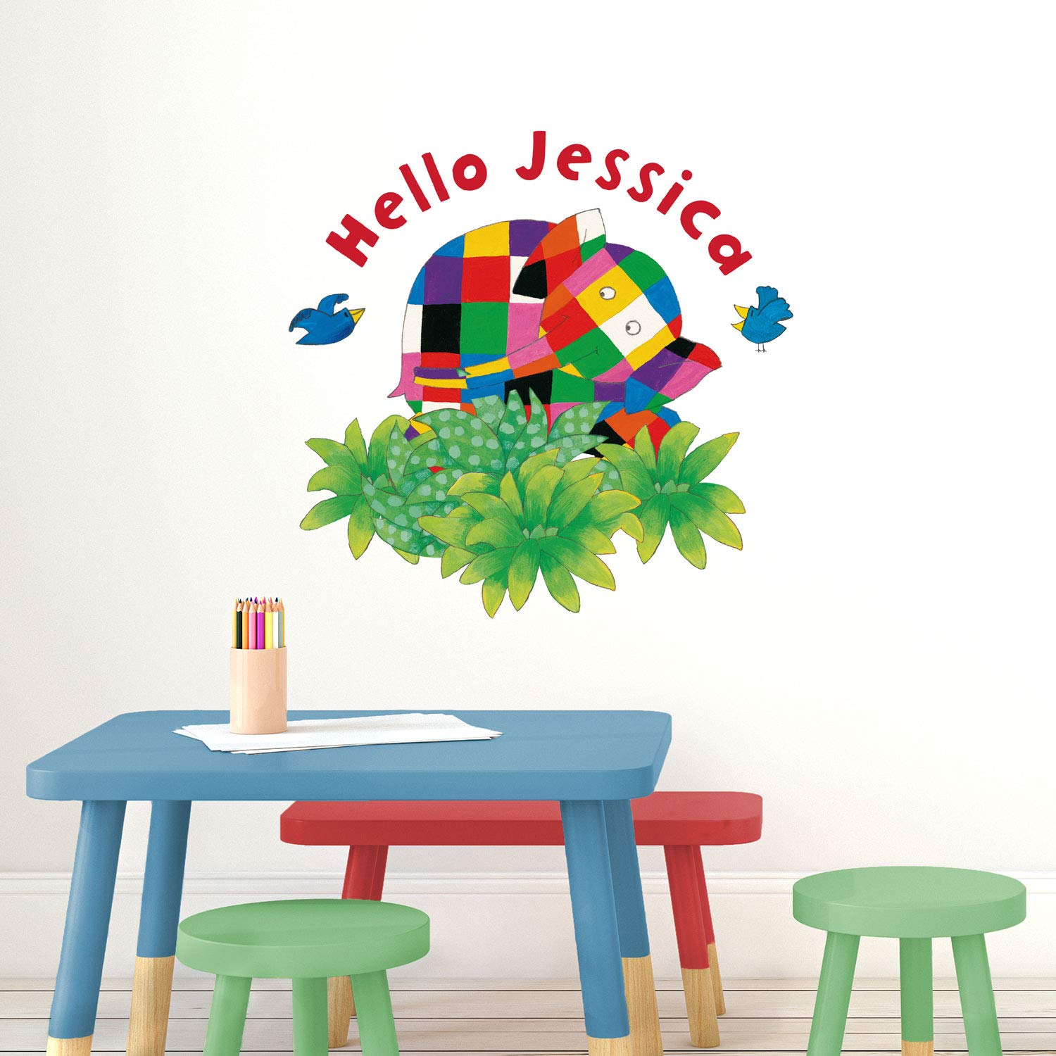 Stickerscape Personalised Hello Elmer Wall Sticker | Perfect for A Childs Bedroom, Playroom Or Nursery | Easy to Apply | Official Elmer The Patchwork Elephant Collection (Regular)