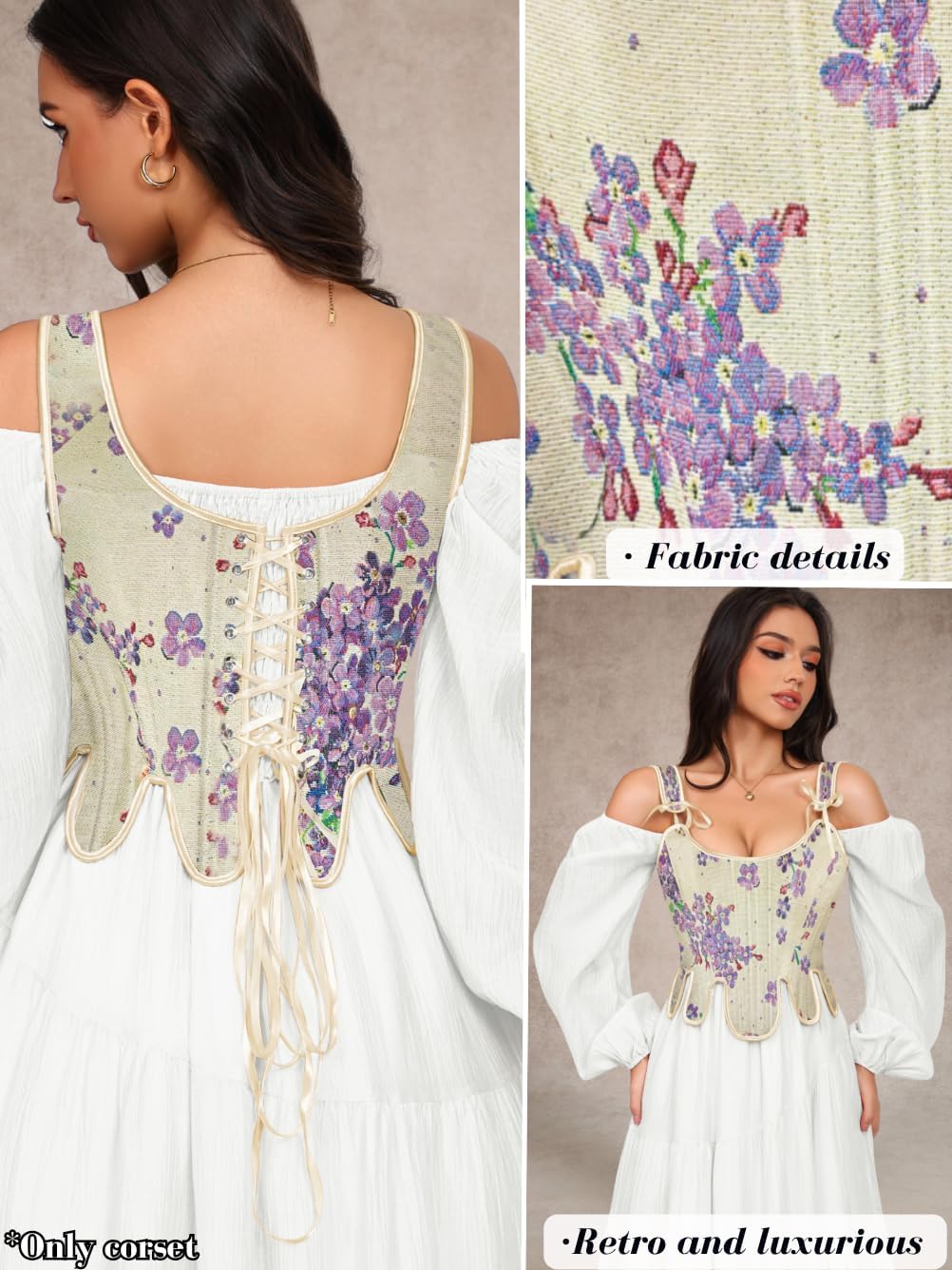 16 Steel-boned Renaissance Floral Corset Tops for Women, Lace Up Vintage Overbust, 1920s Shapewear Bustier - Image 3