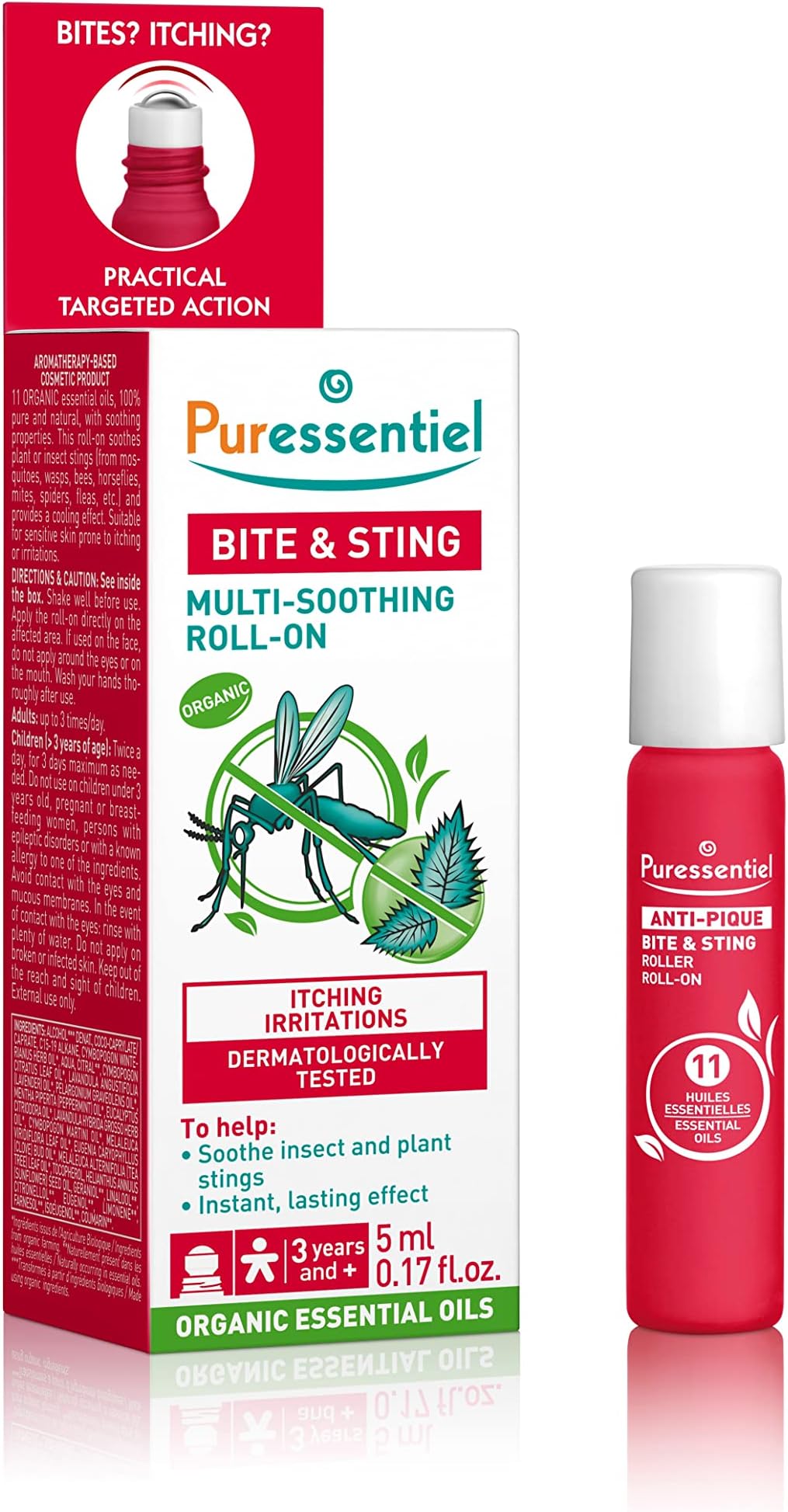 Puressentiel Anti-Sting Soothing Roll-on 5 ml - Bite & Sting from mosquitoes, bees, insects - 100% pure & natural essential oils with soothing properties, non phototoxic