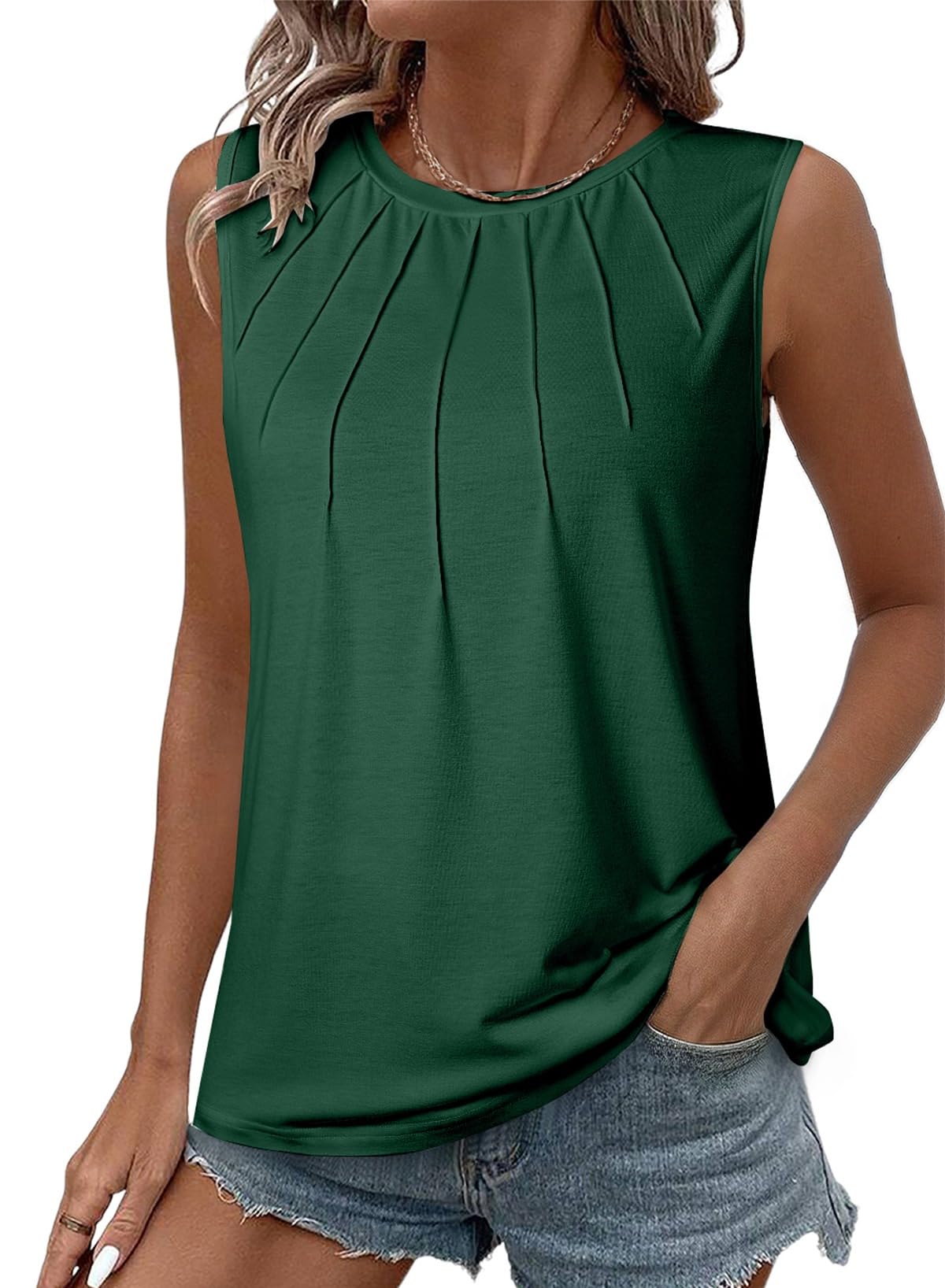 BLENCOT Women 2025 Fashion Casual Sleeveless Tank Tops Summer Crewneck Ruched Pleat Flowy Tee Tops for Women