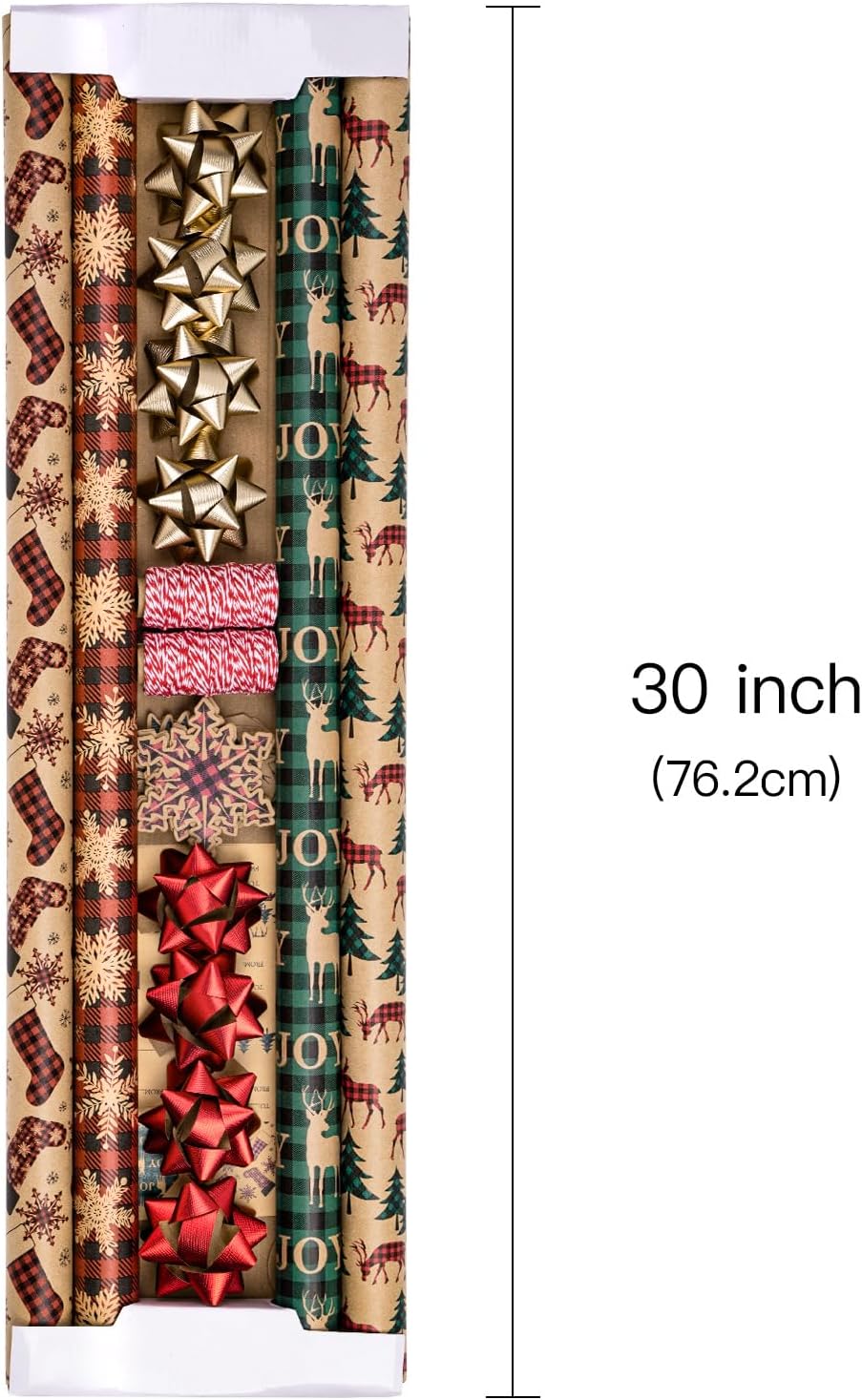 RUSPEPA Christmas Wrapping Paper Rolls with Tags, Jute String and Gift Wrap Bows - 30 inches x 10 feet per Roll, Total of 4 Rolls