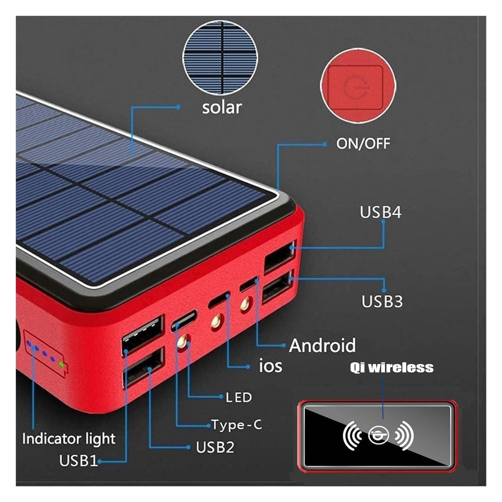 Caricatore solare 100000Mah Waterproof Qi Wireless Power Bank campeggio Battery Pack with Solar Panel Fast charge 5V/2.1A Input/Output, LED flash [classe energetica A]