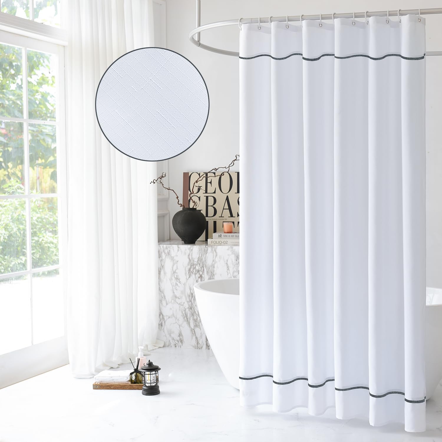 White Shower Curtain with Grey Border, Modern Chic Faux Linen Fabric Shower Curtains for Bathroom and Hotel,72 x 84 Inches