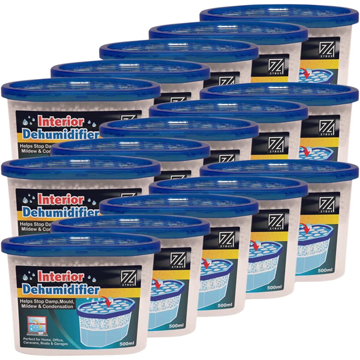 ZYBUX - 15 x Interior Dehumidifier 500ml - for Effective Reduction of Condensation/Condensation Absorbers Mildew and Damp Smell Remover from cupboards, wardrobes, bathrooms, caravans, Boats, Vehicles