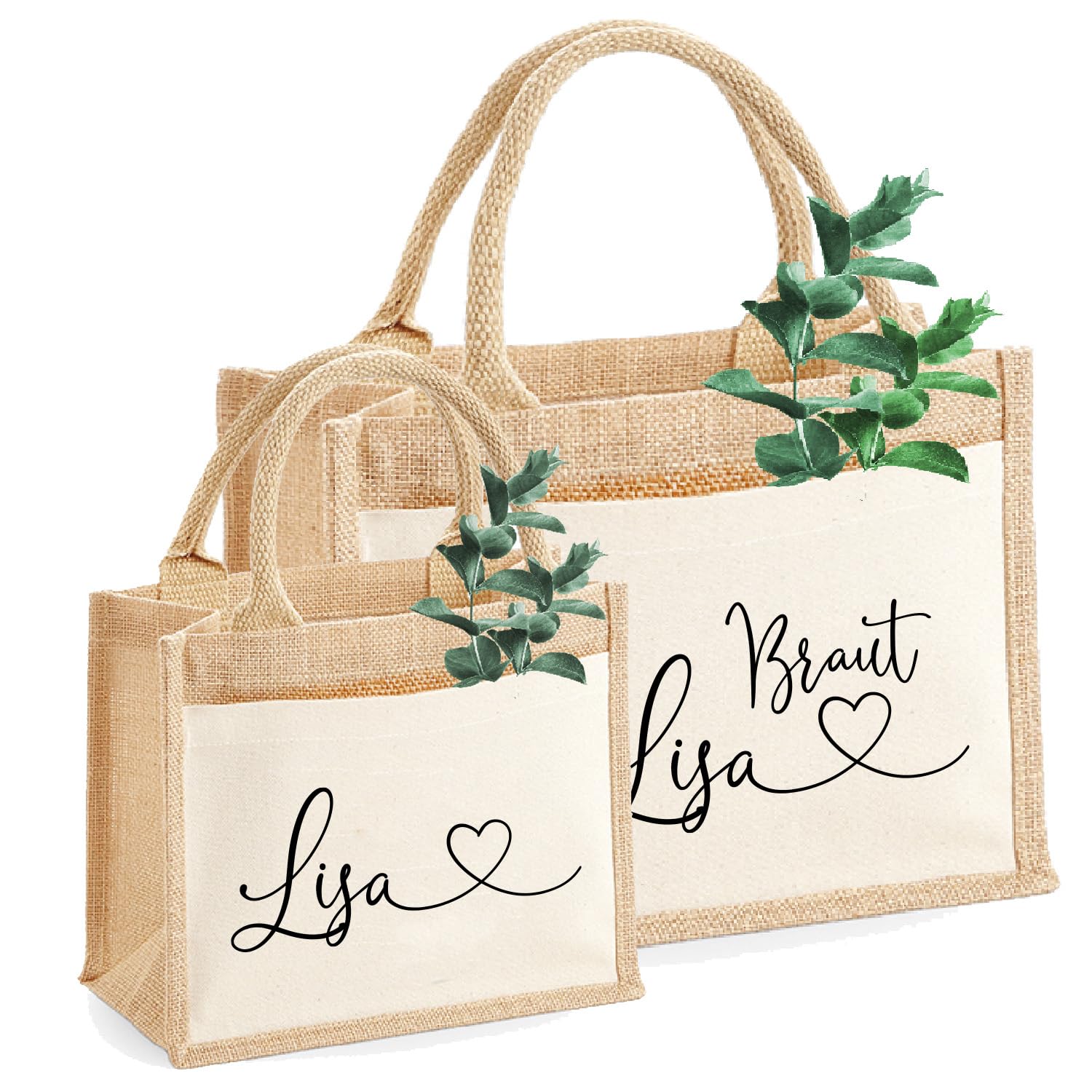 AMBERGER DESIGN by A&M Osterhage amd Jute-Tasche Geschenktasche Name mit Herz personalisiert - Personalisiert Herzschwung & Name Brautgeschenk Hochzeitsgeschenk | 3 Größen