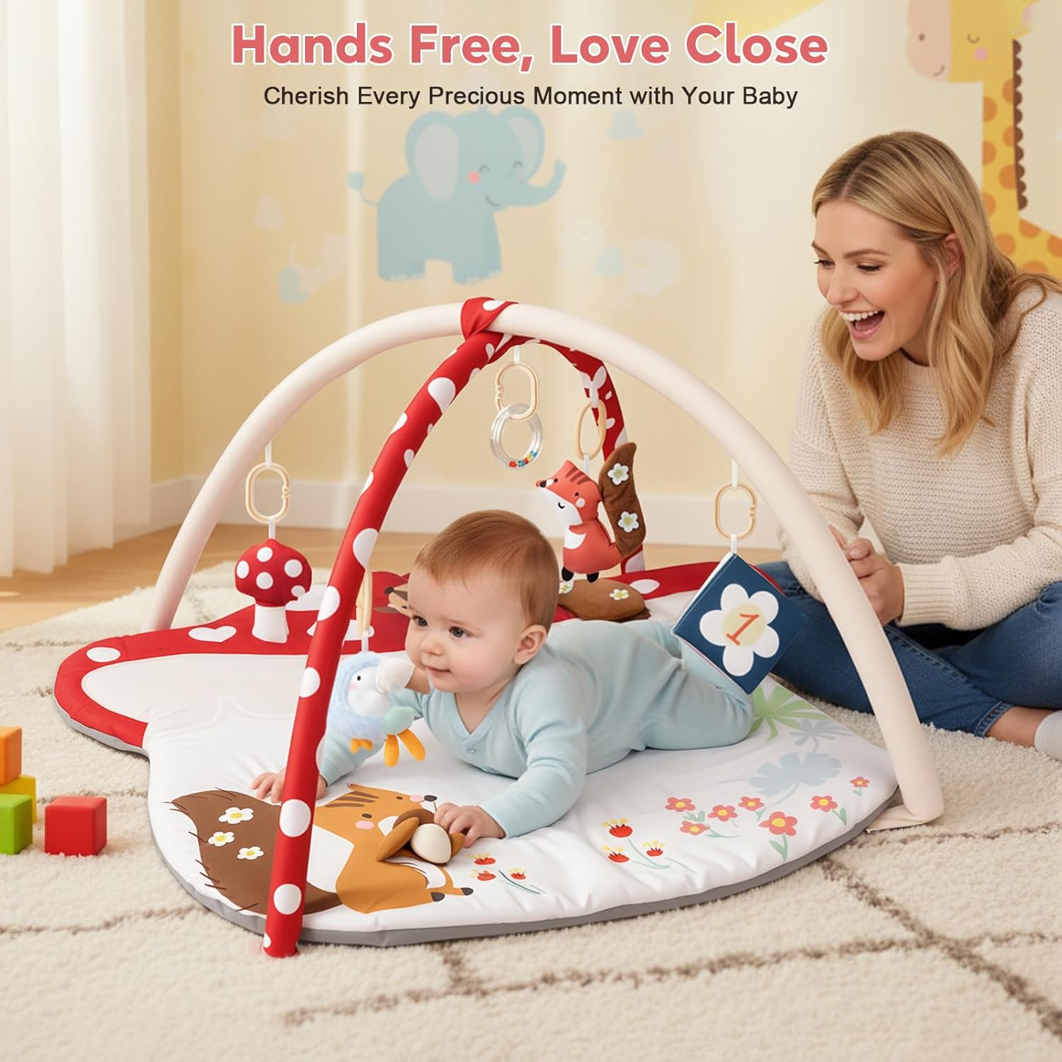 Baby Play Mat & Baby Seats for Infants for Sitting Up | Tummy Time Gym Activity Mat with 5 Detachable Toys for Stage-Based Sensory | Babies Essentials Gift for Newborn 0-6-12-18 Months (Red)