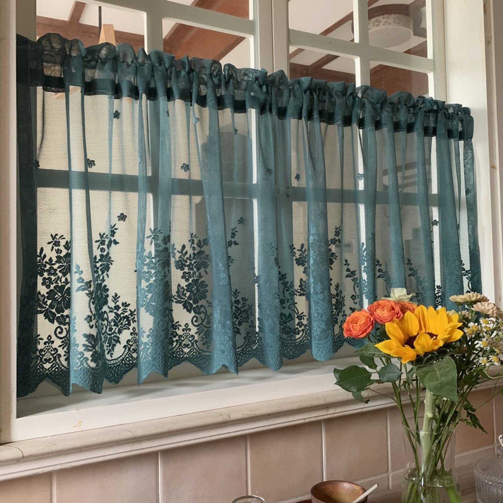 A.Monamour Corta Voile Trasparente Verde Scuro Con Ricamo Floreale - Tenda per Finestra Piccola, Cucina, Bistrot, Caffè - Mezza Mantovana a Pannello per Porta