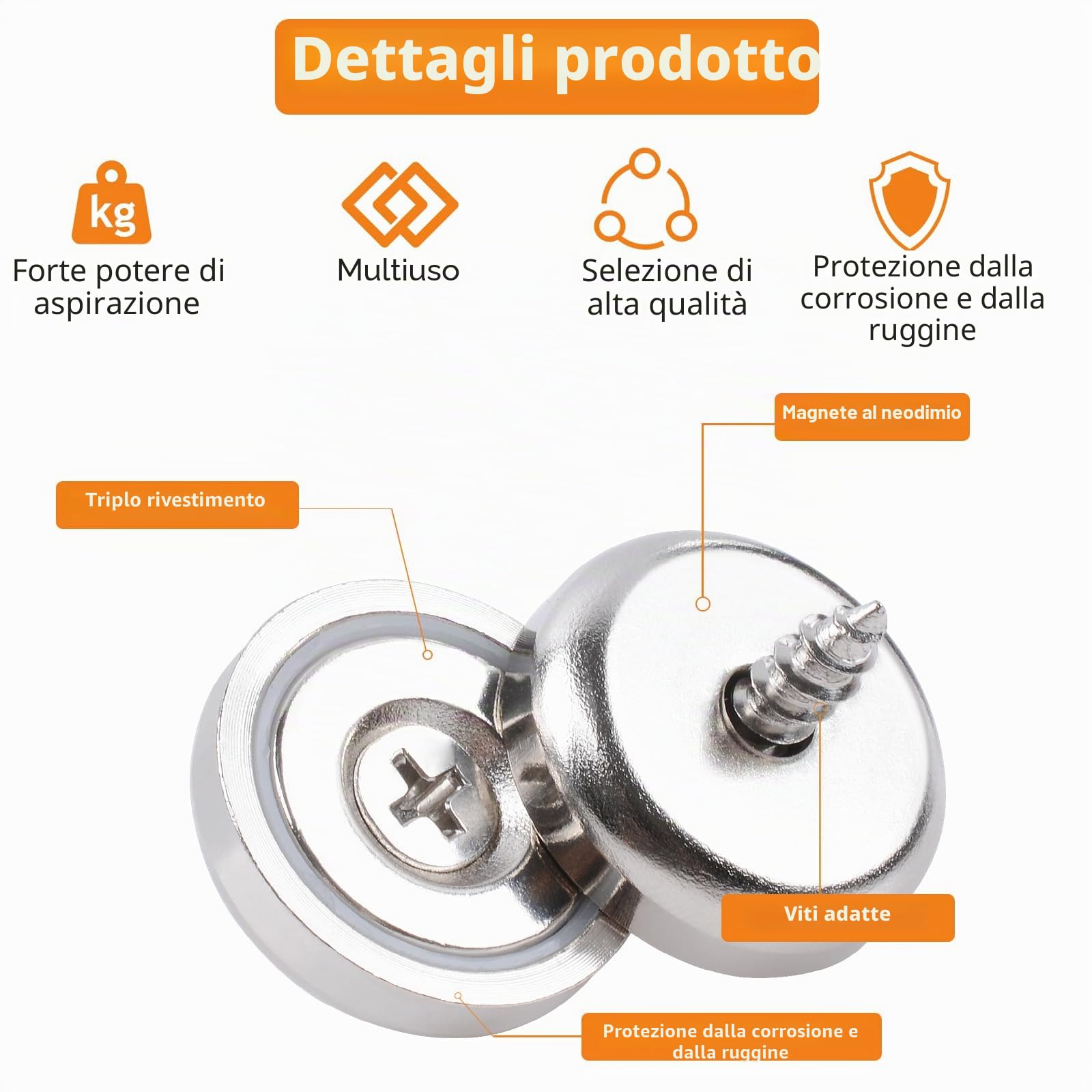 Magnete al neodimio extra forte, 20 pezzi, 20 mm, 10 kg, con capsula, calamite a testa svasata con viti e cuscino in acciaio per cucina